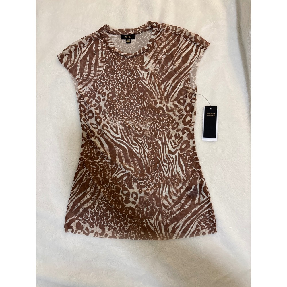 AFRM Zadie Semi-Sheer Mesh Top Brown Mixed Animal Print Cap Sleeve M NWT